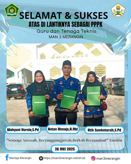 2 Guru dan 1 Pegawai MAN 3 Merangin Dilantik Sebagai PPPK Tahap 1 Tahun 2024